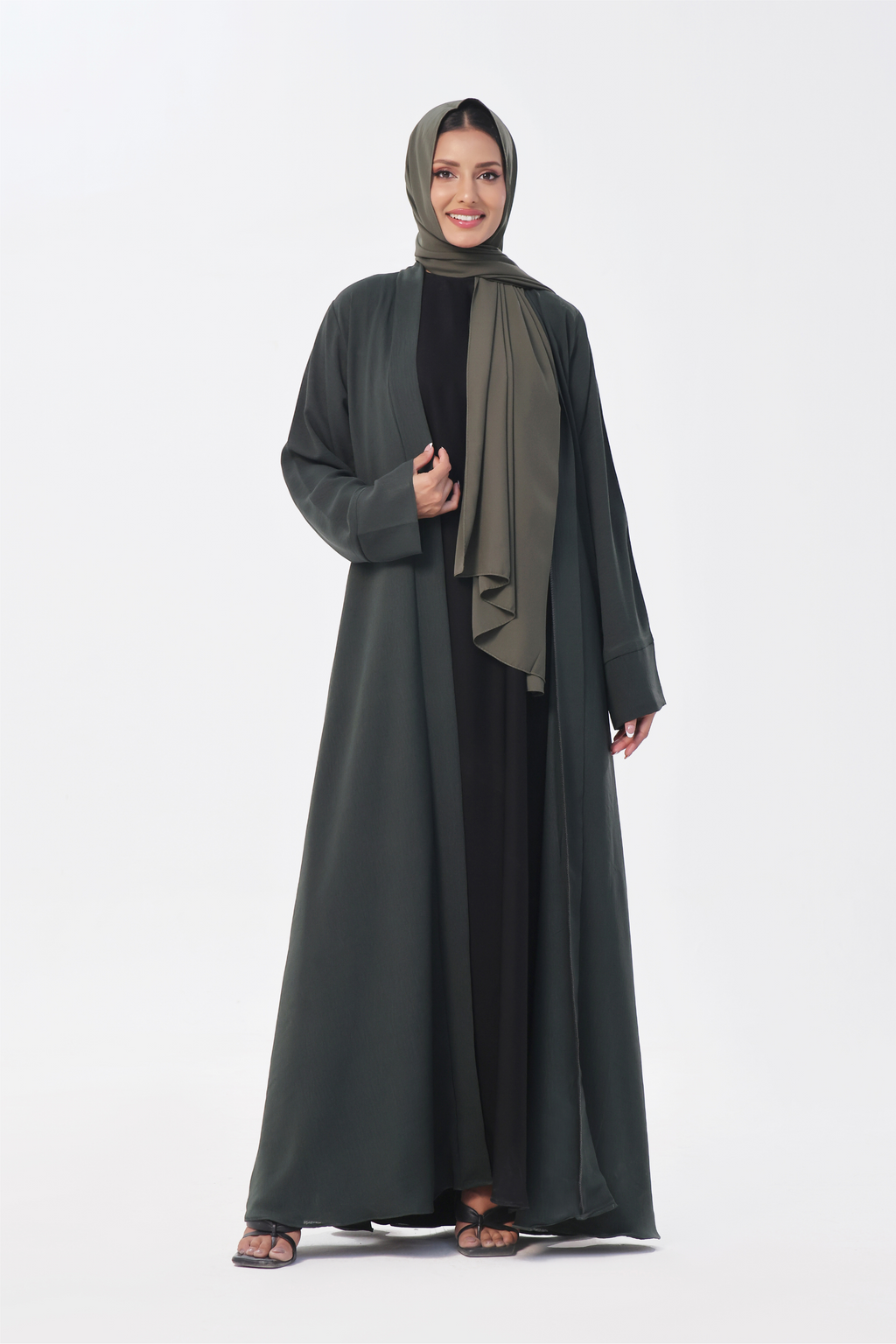 Classic Textured Kimono Abaya - Smoke Green