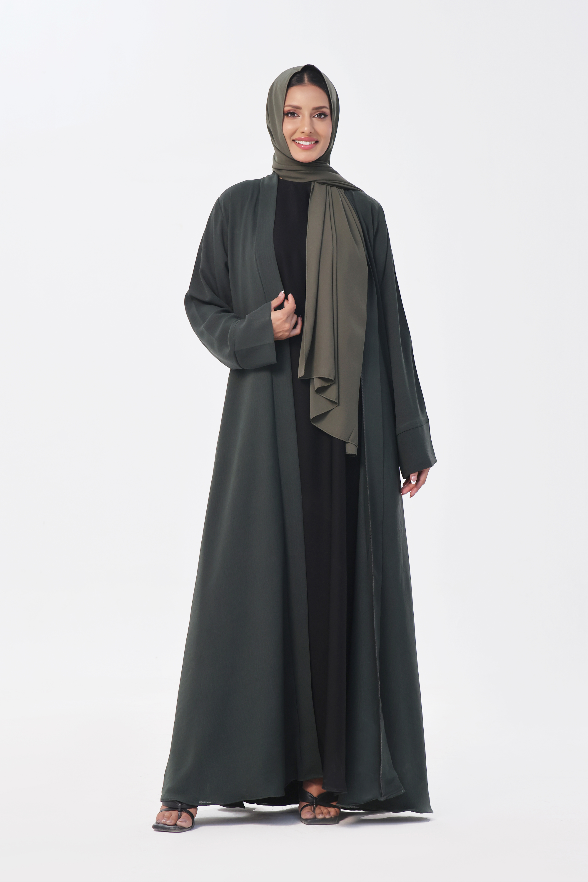 Classic Textured Kimono Abaya - Smoke Green