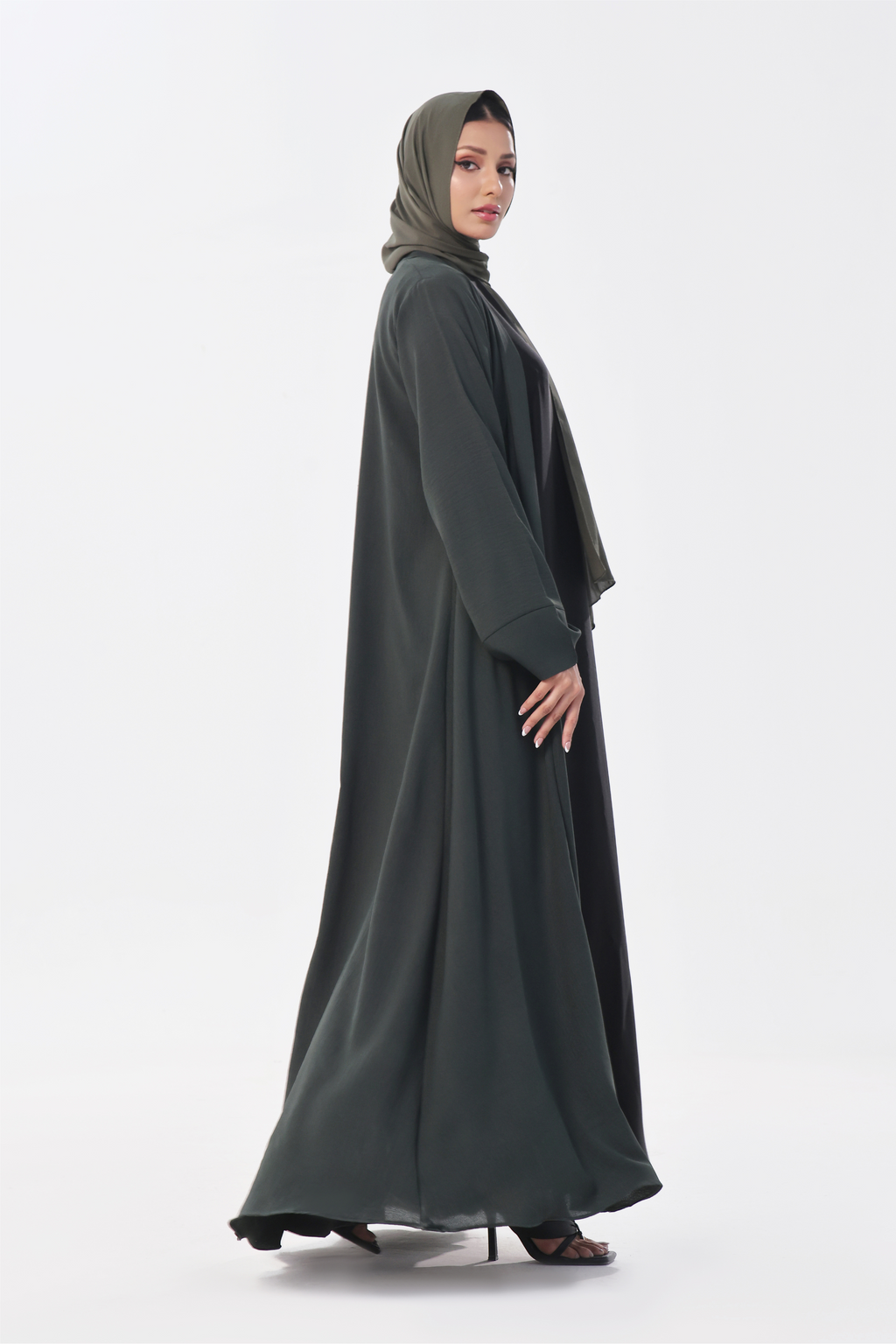 Classic Textured Kimono Abaya - Smoke Green