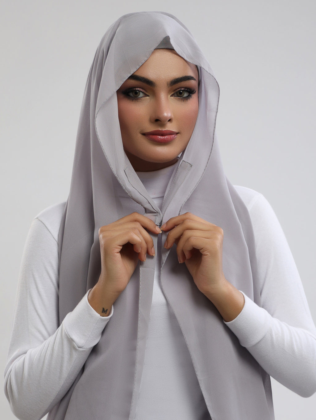 Pre-Sewn Attached Magnet Hijab - Light Silver