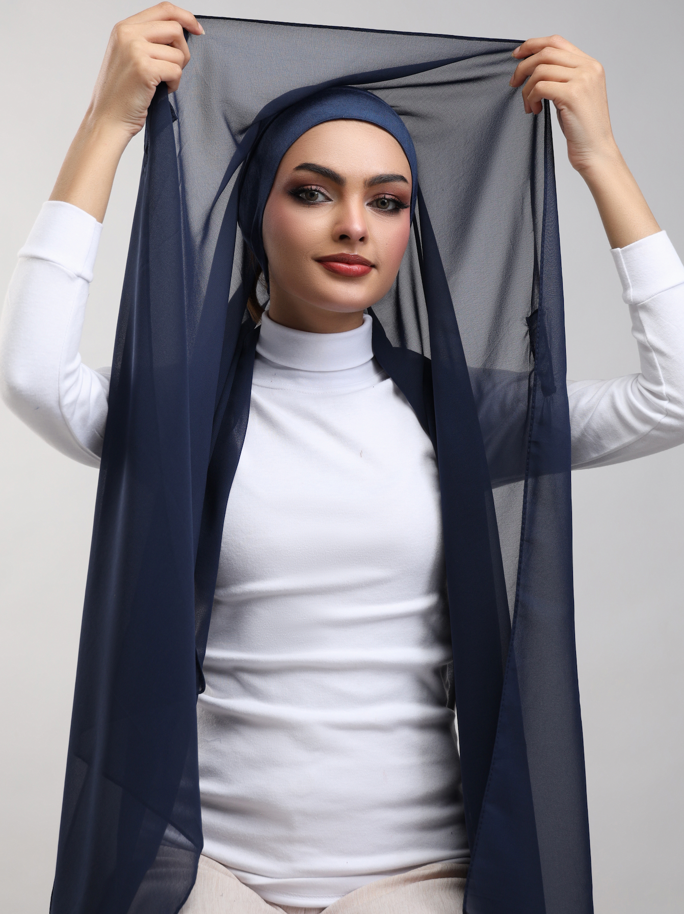 Pre-Sewn Attached Magnet Hijab - Navy Blue