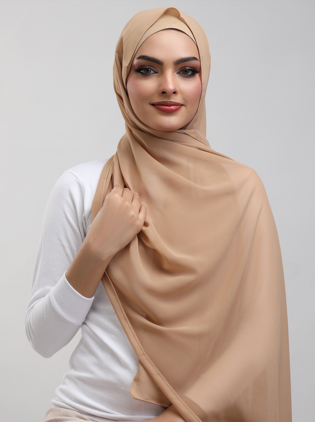 Matching Georgette Hijab & Bamboo Cap Set - Warm Beige