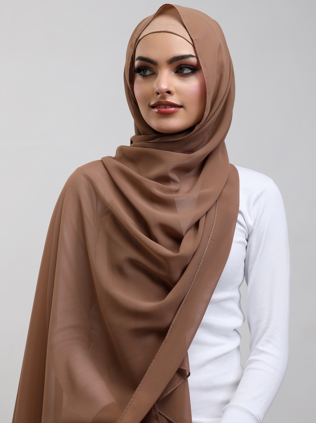 Matching Georgette Hijab & Bamboo Cap Set - Mocha Brown