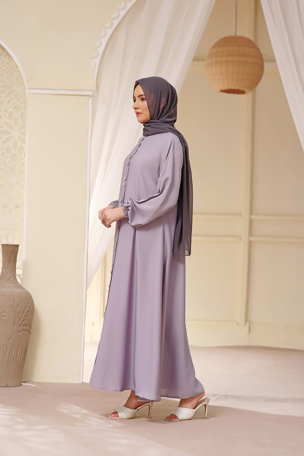 Button Detail Maxi Abaya In Silver