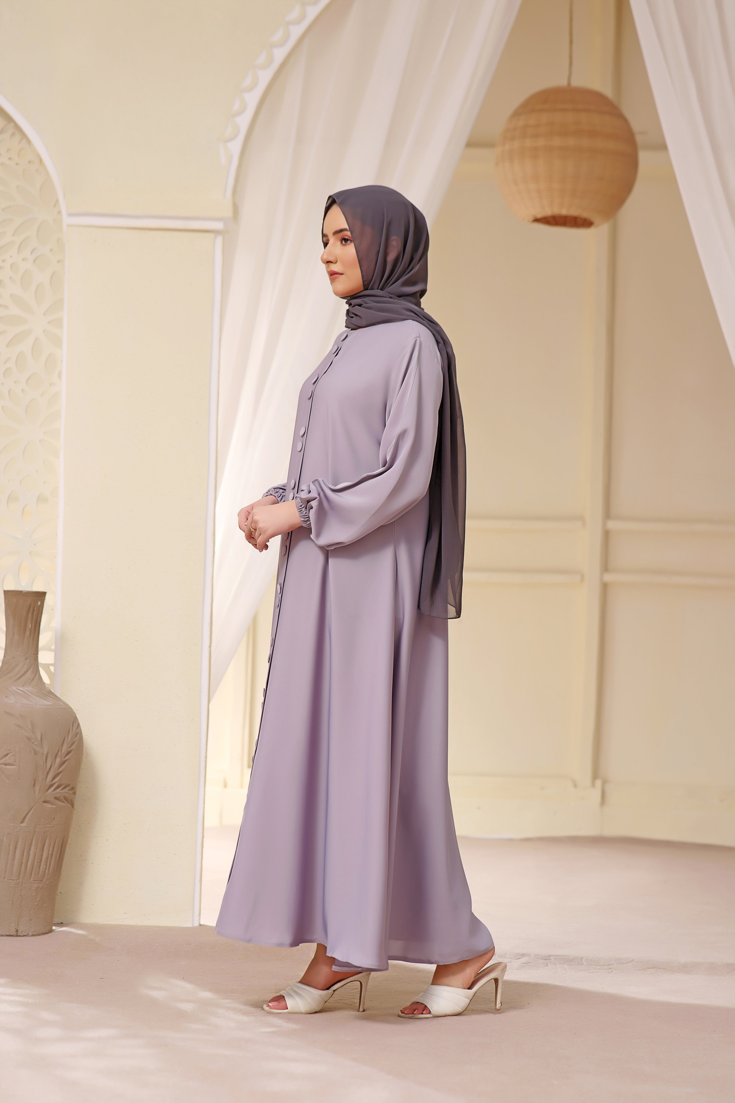 Button Detail Maxi Abaya In Silver