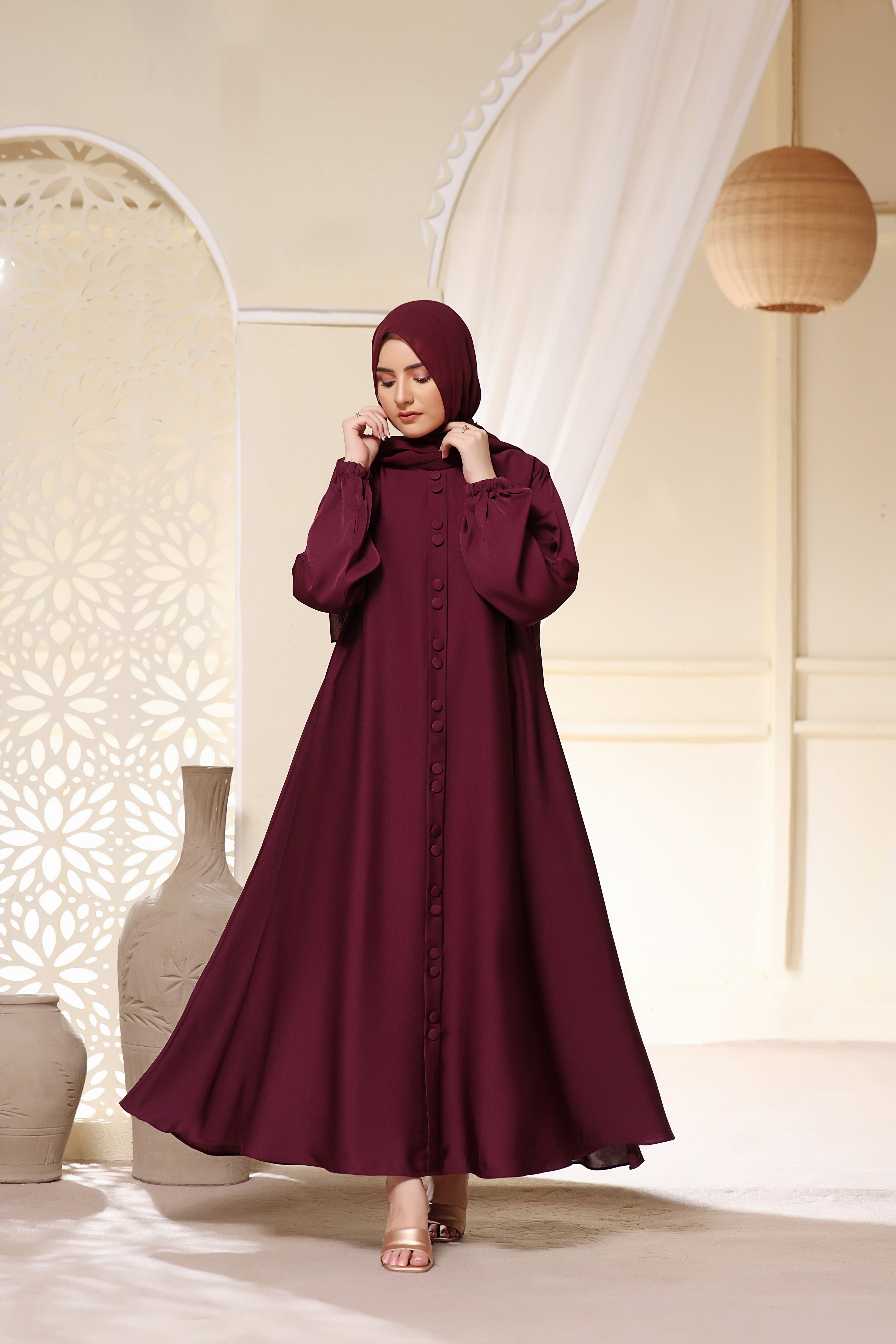 Button Detail Maxi Abaya In Burgundy - Small Button Detail Maxi Abaya In Burgundy - Small