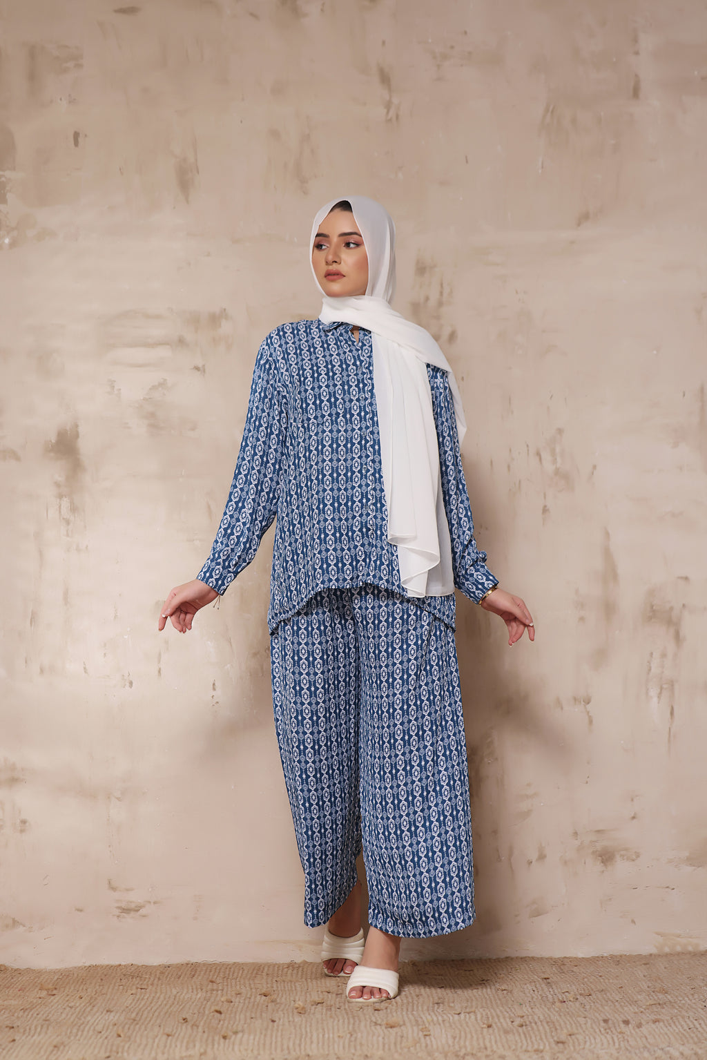 Printed Co-ord Set In Teal Blue