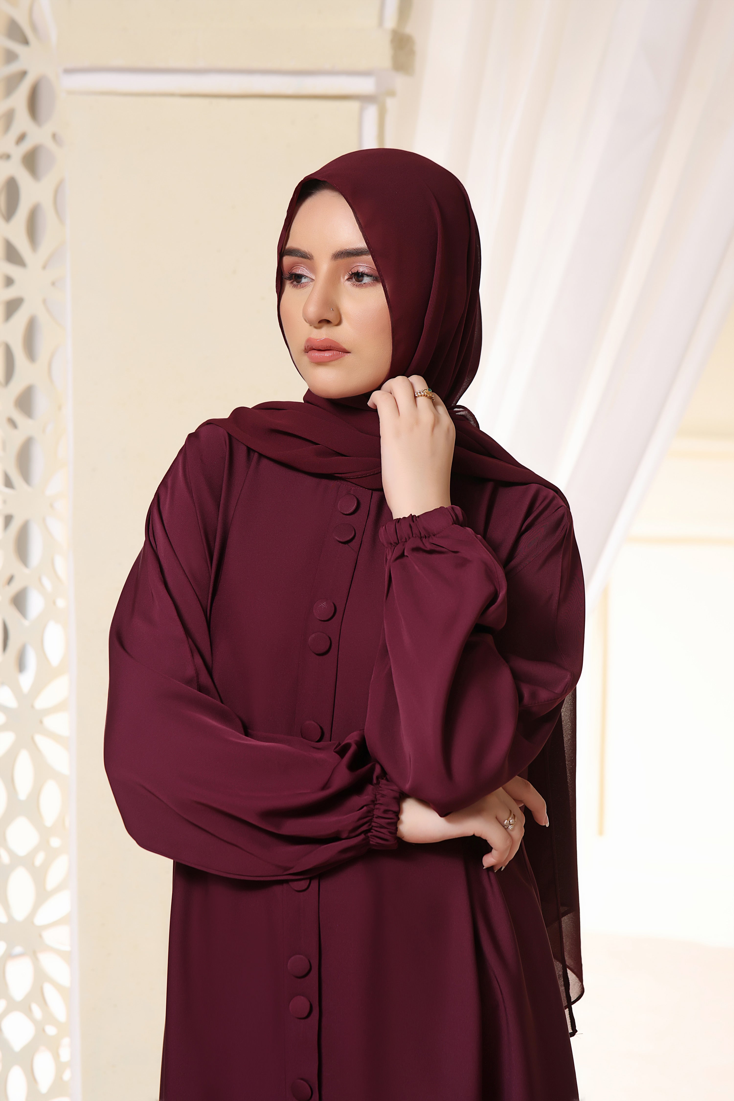 Button Detail Maxi Abaya In Burgundy Button Detail Maxi Abaya In Burgundy