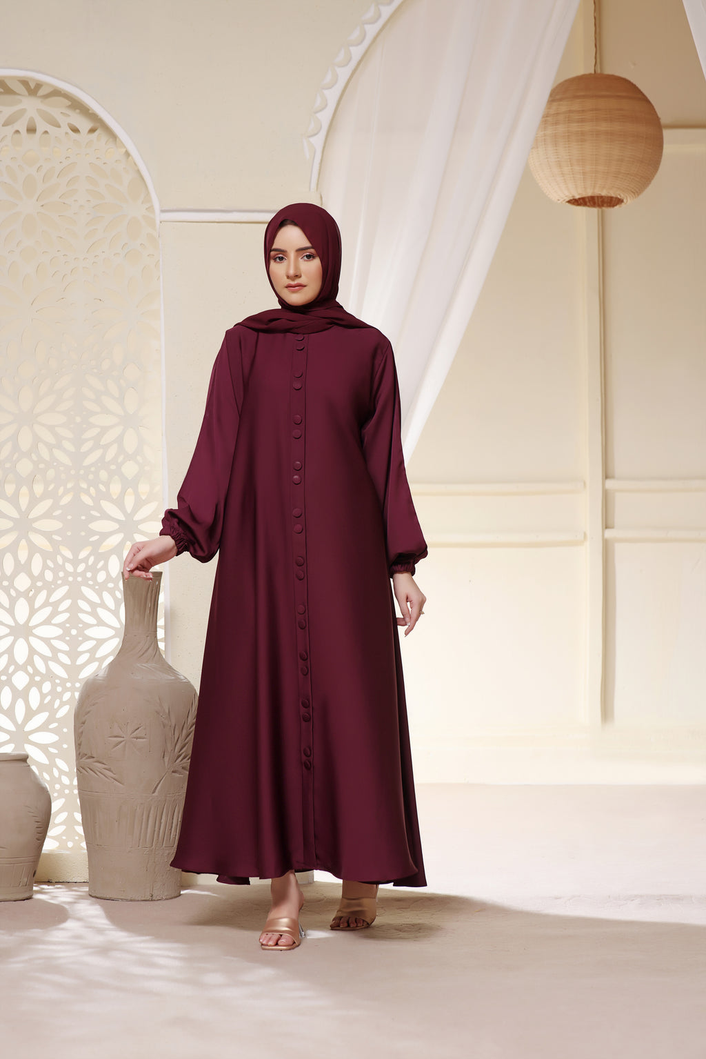 Button Detail Maxi Abaya In Burgundy