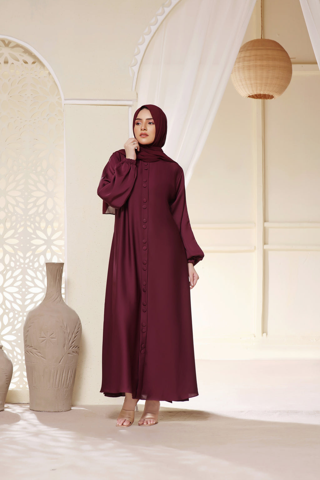 Button Detail Maxi Abaya In Burgundy