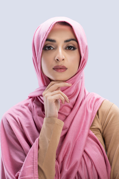 Model wearing a Blossom Cotton Jersey Hijab in soft, non-slippery fabric. Full-coverage hijab for sale in Pakistan.