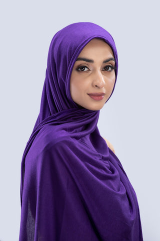 Model wearing a Violet Cotton Jersey Hijab in soft, non-slippery fabric. Full-coverage hijab for sale in Pakistan.